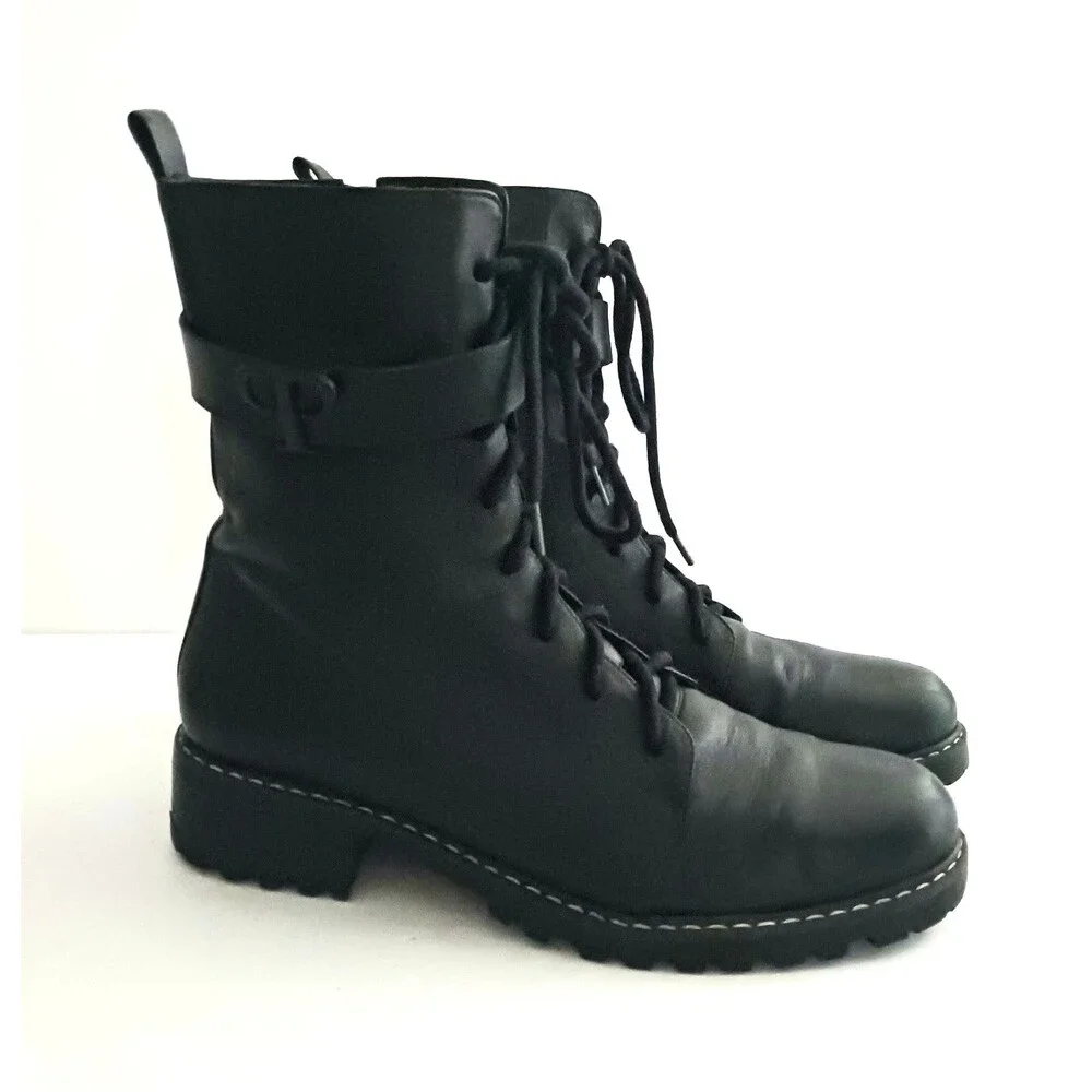 Paula Torres Blk Nappa Leather Handmade Combat Boots Lace Up Zipper US 10 EU 41
